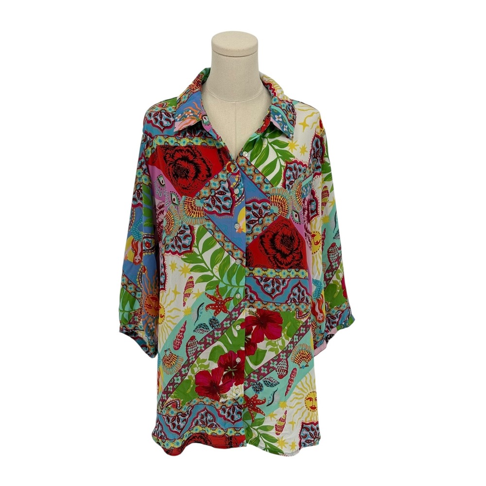 Cynthia Rowley 2X Colorful Patchwork Floral Print Button Down Shirt Top Women
